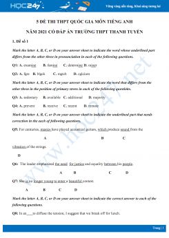 Bộ 5 đề thi thử THPT QG năm 2021 môn Tiếng Anh Trường THPT Thanh Tuyền