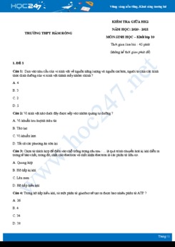 Bộ 5 đề thi giữa HK2 môn Sinh học 10 năm 2021 - Trường THPT Hàm Rồng có đáp án