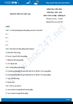 Bộ 5 đề thi giữa HK2 môn Công nghệ 10 năm 2021 - Trường THPT Lê Viết Tạo có đáp án