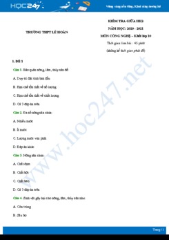 Bộ 5 đề thi giữa HK2 môn Công nghệ 10 năm 2021 - Trường THPT Lê Hoàn có đáp án