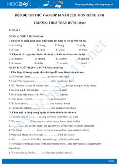 Bộ 5 đề thi thử vào lớp 10 năm 2021 môn Tiếng Anh Trường THCS Trần Hưng Đạo