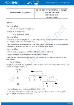 Bộ 5 Đề thi thử tuyển sinh vào 10 chuyên môn Sinh Học năm 2021 Trường THCS Nguyễn Huệ