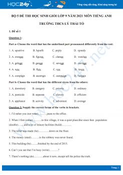 Bộ 5 đề thi học sinh giỏi môn Tiếng Anh lớp 9 năm 2021 Trường THCS Lý Thái Tổ