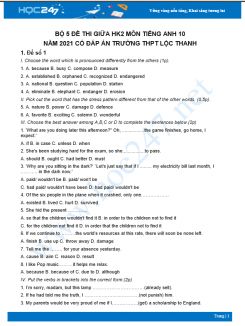 Bộ 5 đề thi giữa HK2 môn Tiếng Anh 10 có đáp án năm 2021 Trường THPT Lộc Thanh