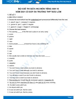 Bộ 5 đề thi giữa HK2 môn Tiếng Anh 10 có đáp án năm 2021 Trường THPT Bảo Lâm