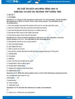 Bộ 5 đề thi giữa HK2 môn Tiếng Anh 10 có đáp án năm 2021 Trường THPT Đồng Tiến