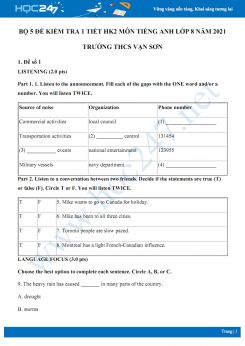 Bộ 5 đề kiểm tra 1 tiết HK2 môn Tiếng Anh lớp 8 năm 2021 Trường THCS Vạn Sơn