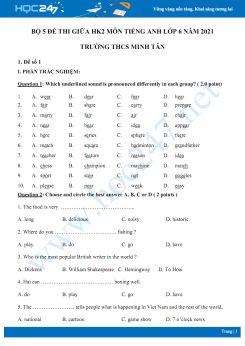 Bộ 5 đề thi giữa HK2 môn Tiếng Anh lớp 6 năm 2021 Trường THCS Minh Tân