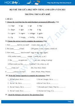 Bộ 5 đề thi giữa HK2 môn Tiếng Anh lớp 6 năm 2021 Trường THCS Liên Khê