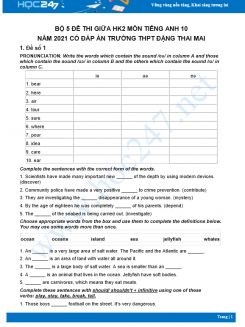 Bộ 5 đề thi giữa HK2 môn Tiếng Anh 10 có đáp án năm 2021 Trường THPT Đặng Thai Mai