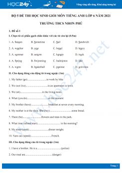 Bộ 5 đề thi học sinh giỏi môn Tiếng Anh lớp 6 năm 2021 Trường THCS Nhơn Phú