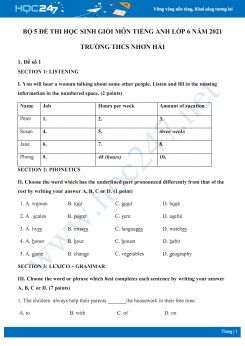 Bộ 5 đề thi học sinh giỏi môn Tiếng Anh lớp 6 năm 2021 Trường THCS Nhơn Hải