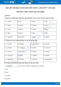 Bộ 5 đề thi học sinh giỏi môn Tiếng Anh lớp 7 năm 2021 Trường THCS Trần Quang Diệu