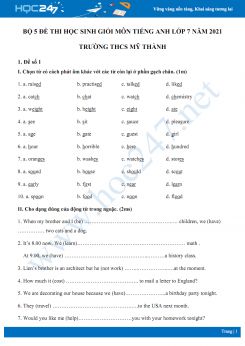 Bộ 5 đề thi học sinh giỏi môn Tiếng Anh lớp 7 năm 2021 Trường THCS Mỹ Thành