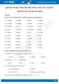 Bộ 5 đề thi học sinh giỏi môn Tiếng Anh lớp 7 năm 2021 Trường THCS Lê Quang Định