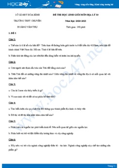 Bộ đề thi HSG môn Địa lý 10 năm 2021 - Trường THPT Chuyên Hoàng Văn Thụ có đáp án