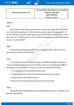 Bộ 5 Đề thi thử tuyển sinh vào 10 chuyên môn Sinh Học năm 2021 Trường THCS Duy Tân