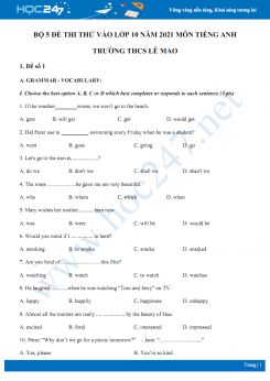 Bộ 5 đề thi thử vào lớp 10 năm 2021 môn Tiếng Anh Trường THCS Lê Mao