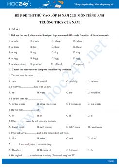 Bộ 5 đề thi thử vào lớp 10 năm 2021 môn Tiếng Anh Trường THCS Cửa Nam