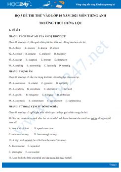 Bộ 5 đề thi thử vào lớp 10 năm 2021 môn Tiếng Anh Trường THCS Hưng Lộc