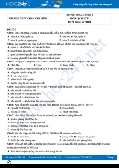 Bộ 5 đề thi giữa HK2 môn Lịch Sử 11 năm 2021 có đáp án Trường THPT Châu Văn Liêm