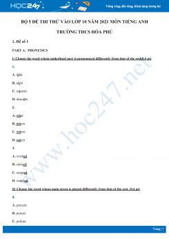 Bộ 5 đề thi thử vào lớp 10 năm 2021 môn Tiếng Anh Trường THCS Hòa Phú