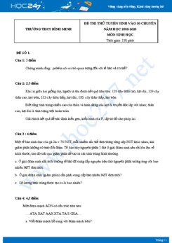 Bộ 5 Đề thi thử tuyển sinh vào 10 chuyên môn Sinh Học năm 2021 Trường THCS Bình Minh