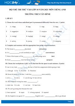 Bộ 5 đề thi thử vào lớp 10 năm 2021 môn Tiếng Anh Trường THCS Tân Bình