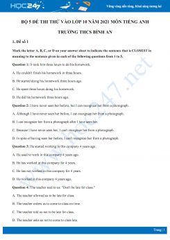 Bộ 5 đề thi thử vào lớp 10 năm 2021 môn Tiếng Anh Trường THCS Bình An