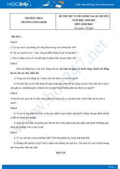 Bộ 5 Đề thi thử tuyển sinh vào 10 chuyên môn Sinh Học năm 2021 Trường THCS Trương Công Định