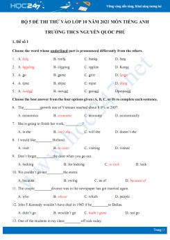 Bộ 5 đề thi thử vào lớp 10 năm 2021 môn Tiếng Anh Trường THCS Nguyễn Quốc Phú
