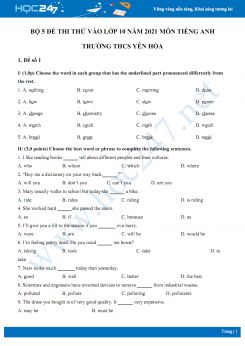 Bộ 5 đề thi thử vào lớp 10 năm 2021 môn Tiếng Anh Trường THCS Yên Hòa
