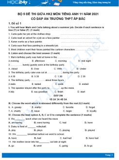 Bộ 5 đề thi giữa HK2 môn Tiếng Anh 11 có đáp án năm 2021 Trường THPT Ấp Bắc