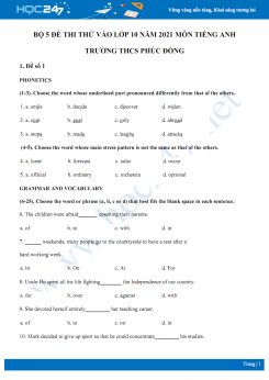 Bộ 5 đề thi thử vào lớp 10 năm 2021 môn Tiếng Anh Trường THCS Phúc Đồng