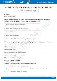 Bộ 5 đề thi học sinh giỏi môn Tiếng Anh lớp 6 năm 2021 Trường THCS Đông Hòa
