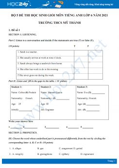 Bộ 5 đề thi học sinh giỏi môn Tiếng Anh lớp 6 năm 2021 Trường THCS Mỹ Thành