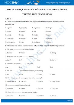 Bộ 5 đề thi học sinh giỏi môn Tiếng Anh lớp 6 năm 2021 Trường THCS Quảng Hưng