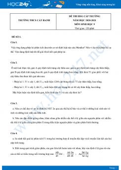 Bộ 5 Đề thi HSG môn Sinh Học 9 năm 2021 Trường THCS Cát Hanh