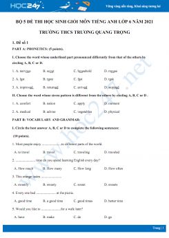 Bộ 5 đề thi học sinh giỏi môn Tiếng Anh lớp 6 năm 2021 Trường THCS Trương Quang Trọng