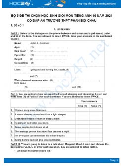 Bộ 5 đề thi chọn HSG môn Tiếng Anh 10 có đáp án năm 2021 Trường THPT Phan Bội Châu