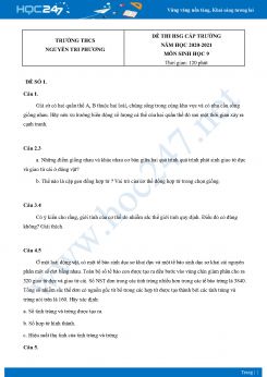 Bộ 5 Đề thi HSG môn Sinh Học 9 năm 2021 Trường THCS Nguyễn Tri Phương