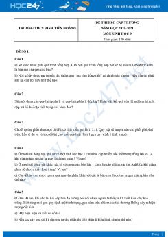 Bộ 5 Đề thi HSG môn Sinh Học 9 năm 2021 Trường THCS Đinh Tiên Hoàng
