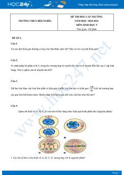 Bộ 5 Đề thi HSG môn Sinh Học 9 năm 2021 Trường THCS Hội Nghĩa