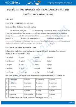 Bộ 5 đề thi học sinh giỏi môn Tiếng Anh lớp 7 năm 2021 Trường THCS Nông Trang