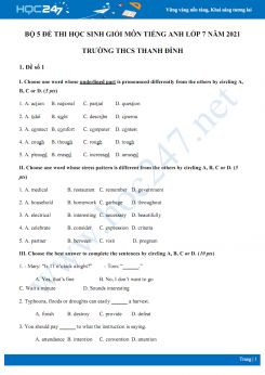 Bộ 5 đề thi học sinh giỏi môn Tiếng Anh lớp 7 năm 2021 Trường THCS Thanh Đình