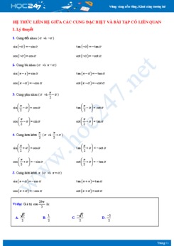 Hệ thức liên hệ giữa các cung đặc biệt và bài tập có liên quan