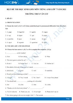 Bộ 5 đề thi học sinh giỏi môn Tiếng Anh lớp 7 năm 2021 Trường THCS Vân Cơ