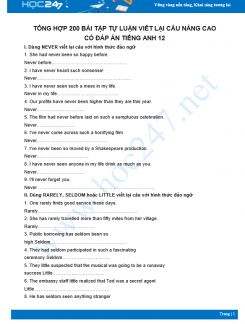 Tổng hợp 200 bài tập viết lại câu nâng cao có đáp án Tiếng Anh 12