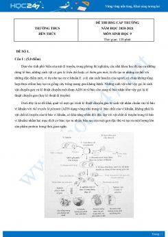 Bộ 5 Đề thi HSG môn Sinh Học 9 năm 2021 Trường THCS Bến Thủy có đáp án