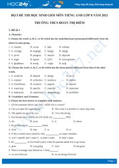Bộ 5 đề thi học sinh giỏi môn Tiếng Anh lớp 8 năm 2021 Trường THCS Đoàn Thị Điểm